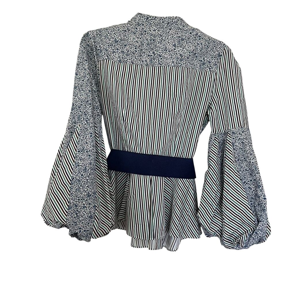 Silvia Tcherassi Celestia Belted Puff Sleeve Striped White Blue Blouse Size M - Picture 10 of 16